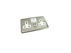 UK Brushed Chrome Wall Socket With 2 Built In USB Charging Ports