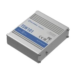 Teltonika TSW101 Automotive 5 Port Gigabit Switch With 4 PoE+ Ports -Network Equipment Store teltonika tsw101 automotive poe switch front angle image